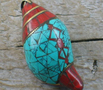 Pendant Turquoise & Coral Inlay Shell Large